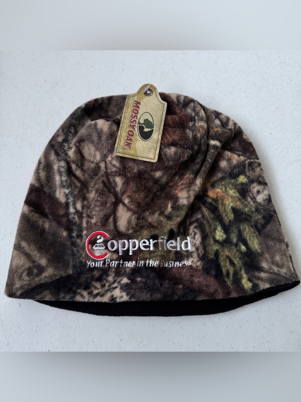 Mossy Oak Camo Hat with White Copperfield Embroidery